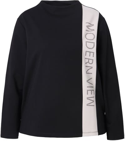 Ulla Popken - Dames - Sweatshirt sierstrepen opstaande kraag lange mouwen - Zwart - Maat 46+