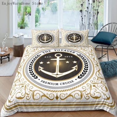 Blue Anchor Beddengoedset Zeilen Bedlinnen Huisdecoratie Eenpersoons Tweepersoons Twin Volledige Maat Voor Jongens Volwassenen Kompas Streep Dekbedovertrekset AU Double180x210cm