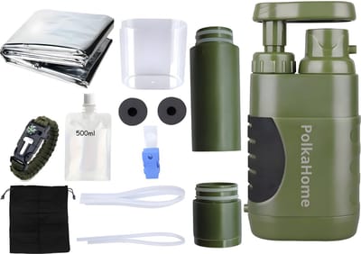 PolkaHome Waterfilter Survival Filtert Filtert 10000L , Waterfilters , Waterzuivering, Survival Kit, water filter noodpakket (inclusief 1 reserve vervangingsfilter, 500ml waterzakje, overlevingsdeken, 5-in-1 overlevingsarmband) Filtert 10000L
