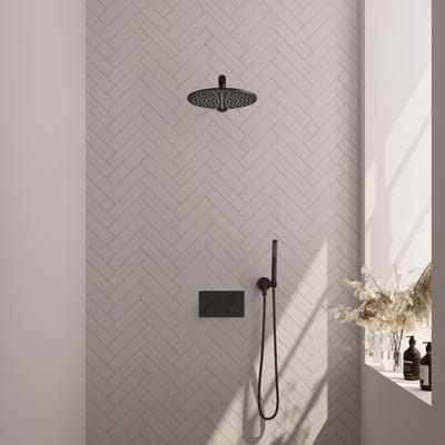 Brauer Black Edition thermostatische inbouw regendouche met drukknoppen SET 50 met 30 cm douchekop en rechte muurarm en staaf handdouche en doucheslang en wandaansluitbocht mat zwart