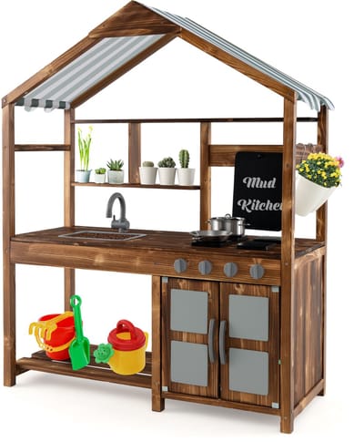 COSTWAY Modderkeuken kinderen outdoor, kinderkeuken massief hout met luifel & kraan & spoelbak & tafel & bloempotten, tuinkeuken incl. accessoires, speelkeuken outdoor keuken voor kinderen