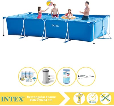 Intex Rechthoekig Frame Zwembad - 450 x 220 x 84 cm - Blauw - Inclusief Onderhoudspakket - Zwembadfilterpomp - Filter - Stofzuiger - 5-delig