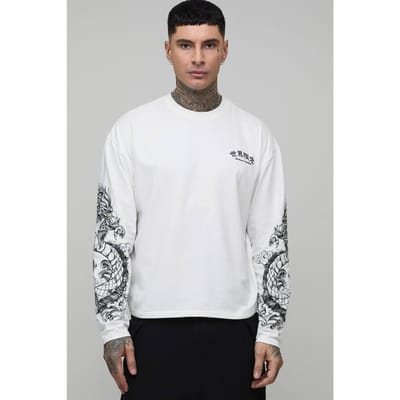 Tall Oversized Dragon Grafische Lange Mouw T-Shirt | White | Size Small
