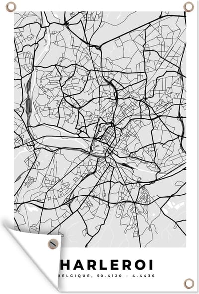 Muurdecoratie Stadskaart – Zwart Wit - Kaart – Charleroi – België – Plattegrond - 120x180 cm - Tuinposter - Tuindoek