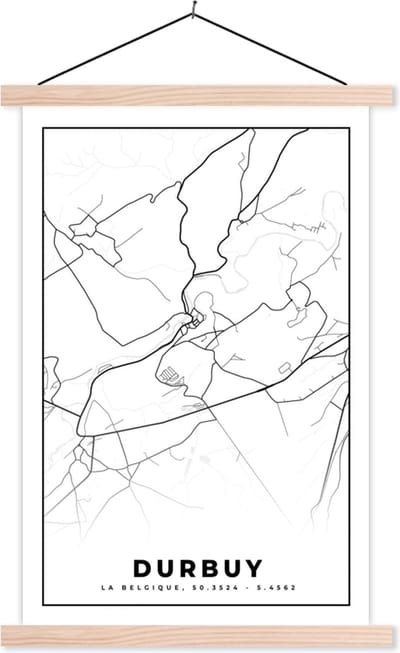 Posterhanger incl. Poster 40x60 cm - Schoolplaat - Zwart Wit – België – Plattegrond – Stadskaart – Kaart – Durbuy - Textielposter - Blanke latten - Stadskaart