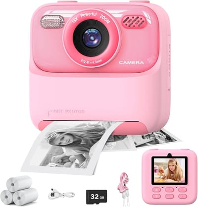 longziming - Instant Kinder Camera – Digitale Camera 1080P HD – 2,4 Inch Scherm – Inclusief 32GB Kaart & Printpapier – Speelgoed Cadeau 3-12 Jaar – Roze