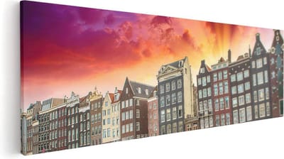 Artaza Canvas Schilderij Grachtenpanden - 60x20 cm - Wanddecoratie Amsterdam - Muurdecoratie Zonsondergang - Kamer Accessoires