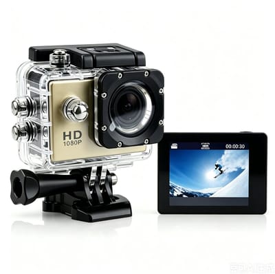 Camera-Action Camera Full HD 1080P - Waterdichte Onderwatercamera 30M - Sportcamera met 140° Groothoeklens en 2.0 Inch IPS Scherm - Motorhelm Camera met 3 Uur Batterijduur - Inclusief Accessoireset-Goud