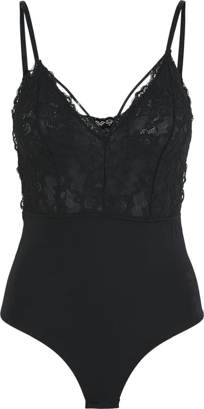 Pieces Zwarte kanten body dames - Lace top Nichelle - kanten Bodysuit spaghetti bandjes - lingerie top - Zwart / XS
