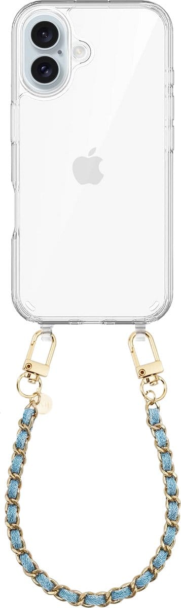 xoxo Wildhearts siliconen hoesje geschikt voor iPhone 17 - Classic Chain - Denim (kort koord) - Telefoonhoesje - Hoesje met koord - Schakelketting - Kort telefoonkoord - Denim blauw met goud - Transparant hoesje