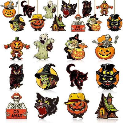 Dailygoods- Boomdecoratie 24 Stuks - Houten Halloween Ornamenten - Vintage Pompoenen/Geesten/Heksen/Katten - Decoratie voor Binnen/Buiten - Unieke Accessoires voor Feestelijke Sfeer - Halloweendecoratie
