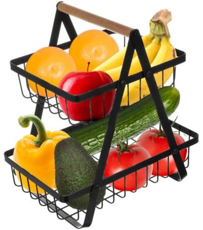 Ruhhy fruitschaal - metaal/hout - 30 x 27 x 18 cm - keuken organizer - zwart - fruitrek