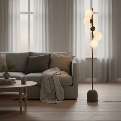 LUSENZ Evania - Staande lamp Taupe Metaal 160 cm - 5 bollen - Modern design - Woonkamer lamp - Opaalglas - E14 fitting - Met voetschakelaar