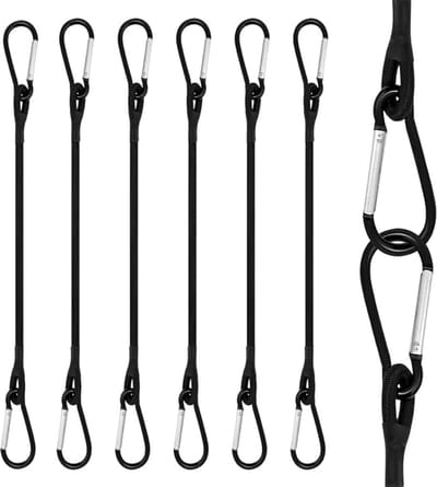Set van 6 elastische spanbanden 30 cm met karabijnhaak voor camping, auto en fiets