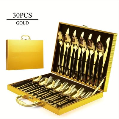 Besteksets-30-delige Bestek set-Roestvrijstalen-Spiegelgepolijste afwerking voor een luxe uitstraling-Elegant servies met luxe bestekdoos voor Bruiloften- Kerst-Pasen- Thanksgiving en Dagelijks Gebruik-Goud.
