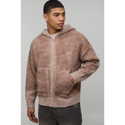 Heren Relaxed Boxy Ombré Bouclé Gebreide Hoodie | Brown | Size XS