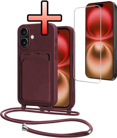 Hoes Geschikt voor iPhone 16 Plus Hoesje Pasjeshouder Cover Met Koord Case Siliconen Hoes Met Telefoonkoord en Kaarthouder Met Screenprotector - Aubergine