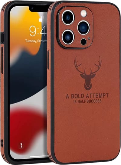 Luxe Lederen Telefoonhoes met Bumper – Geschikt voor iPhone 17 – Schokbestendige Beschermhoes met Zachte Backcover, Business Case met Hertenhoofd Design - Bruin