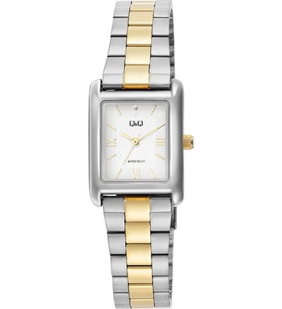 Q&Q C69A-006PY - Horloge - Polshorloge - Analoog - Dames - Vrouwen - Stalen band - Rechthoek - Metaal - Streepjes - Romeinse Cijfers - Zilverkleurig - Goudkleurig - Wit
