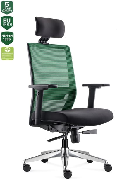 BENS 850H-Ergo-3 Groen - Ergonomische Bureaustoel - Kantoorstoel - incl. Hoofdsteun - Gepolijst aluminium voetenkruis - GREENGUARD GOLD - NEN-EN1335 & ARBO normen