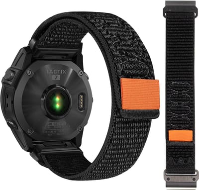 Stravo 26mm QuickFit - Haak & Lus Sport Nylon Vervangende Horlogebandje Voor Garmin Fenix 6X / 6X Pro / 7X / 7X Pro / 8 (51mm) / Quatix 7 / 7X / Tactix 7 / Enduro 2 / Epix / Descent Mk3i - Ademend & Lichtgewicht Nylon bandje - Zwart/Oranje