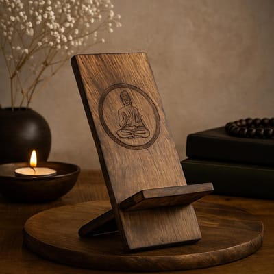 Ancient Wisdom - Decoratief beeld - Houten telefoonstandaard Boeddha 20x9,5 cm multicolor mango wood - beeldje - ornament - houtsnijwerk - cadeau - decoratie