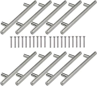 Stainless Steel T-Kastgrepen voor Keuken, Kasten en Deuren - 10 Stuks, 96 mm, Inclusief Schroeven