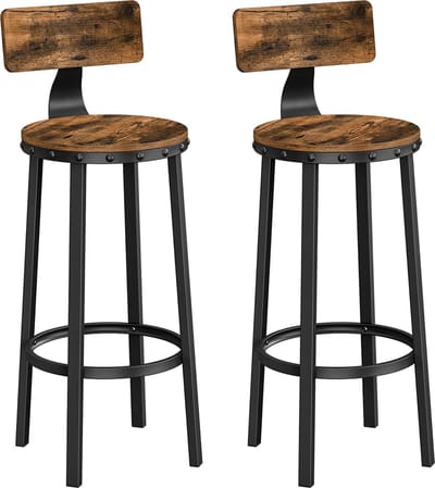 ACAZA Barkruk Per 2 - Barkrukken Set van 2 - Zithoogte 73 cm - Vintage Bruin - Rond Design - Barstoel - Barkrukken met Rugleuning en Voetsteun