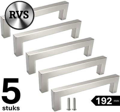 5 X MSQDESIGN Handgrepen RVS - Boormaat 192mm - zilvere Handgreep voor Keuken & Kast - Moderne RVS Meubelgreep - Keukengreep RVS zilver -Kastgrepen- zilvere RVS Greepjes Keuken - RVS Handvatten - Deurgreepjes -incl schroeven
