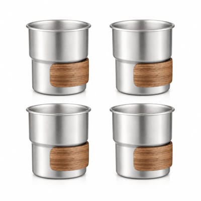 My Green Deal – RVS Koffiekopjes Zonder Oor Set van 4 – 280 ml – Cappuccino Kopjes – Senseo Mok – Premium 304 RVS – Met Houten Grip