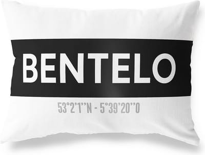 Tuinkussen BENTELO - OVERIJSSEL met coördinaten - Buitenkussen - Bootkussen - Weerbestendig - Jouw Plaats - Studio216 - Modern - Zwart-Wit - 50x30cm