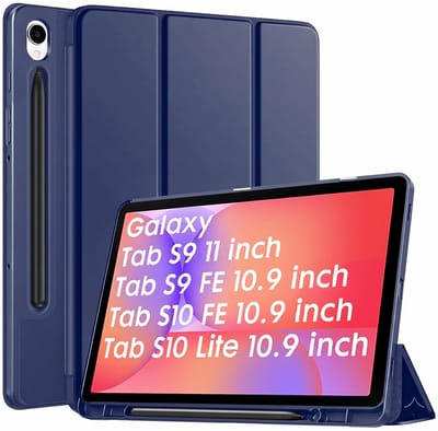 Casemania Hoes Geschikt voor Samsung Galaxy Tab S10 Lite 10.9" / Tab S10 FE 11" / Tab S9 11" / Tab S9 FE 11" - Donker Blauw - Tri-Fold Case met S-Pen Houder - Smart Cover - Auto-Wake/Sleep