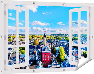 Gards Tuinposter Doorkijk Maastricht Stad met Huizen - 120x80 cm - Tuindoek - Tuindecoratie - Wanddecoratie buiten - Tuinschilderij
