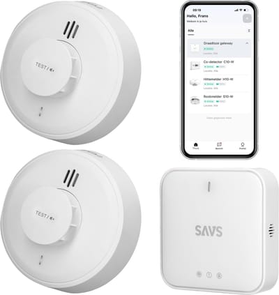 SAVS LinkSmart® Slimme bundel - 2 H10-W Hittemelders en G10 Base Station - 10 jaar batterij – Keukenmelder - Werkt via app - WiFi gateway - Draadloos RF koppelbaar - Warmtemelder - Smart home
