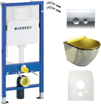 Inbouwreservoir Complete Toiletset Geberit Duofix Basic - Inbouw WC Hangtoilet Wandcloset SOFI SLIM GOLDEN NEVER DIE Gouden/Wit - Bedieningsplaat DELTA Chroom Rund - Voorwandelement - Installatiesysteem