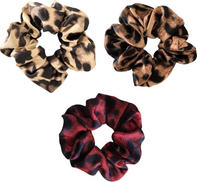 Scrunchie kraagjeskopen.nl - panterprint rood bruin lichtbruin satijn exclusief haarwokkel haarelastiek - 3 stuks - extra groot - scrunchies