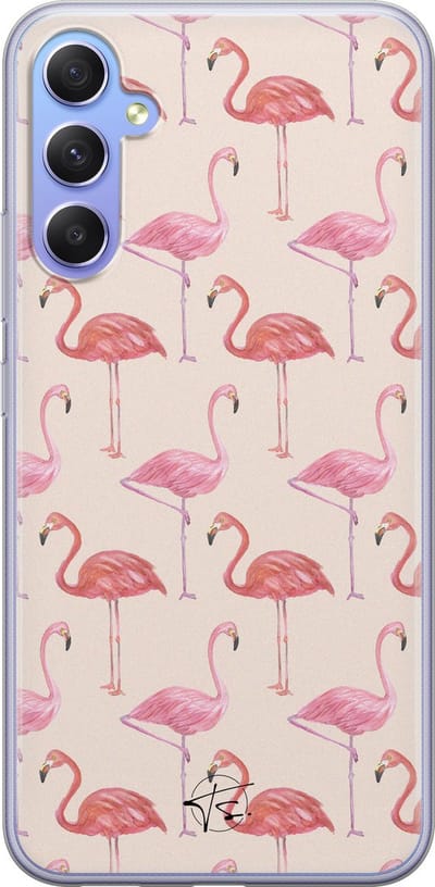 Hoesje geschikt voor Samsung Galaxy A34 - Flamingo - Soft Case - TPU - Print - Beige, Roze - Mooie Telefoonhoesjes