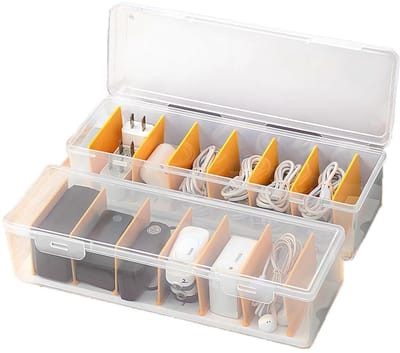 GELLDG 2 stuks kabelorganizers - Kabelorganizerbox - Transparant kunststof - Met 7 verwijderbare tussenschotten - Pas je kabelmanagement aan - Wit