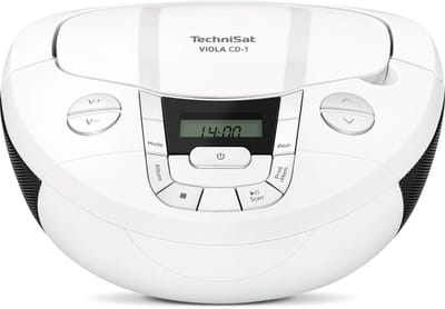 TechniSat VIOLA CD-1 - draagbare stereo cd-speler, boombox met praktische draaggreep (radio voor kinderen, FM-radiotuner, bluetooth-ontvangst, 2 x 1 W RMS-vermogen, net- en batterijvoeding) wit
