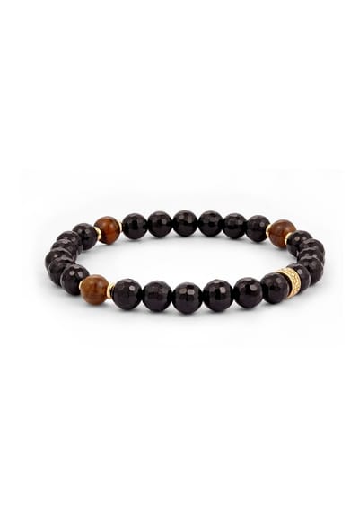 KUZZOI - Armband - Armband met Kralen Heren Onyx Rond Zwart Tijgeroog Rond Bruin 925 Sterling Zilver Verguld 21 cm -