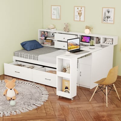 Sweiko Slaapbank - 90 x 200 cm - Met bureau - Opbergruimte - 2 lades - Oplaadpunt - Kinderbed - Wit