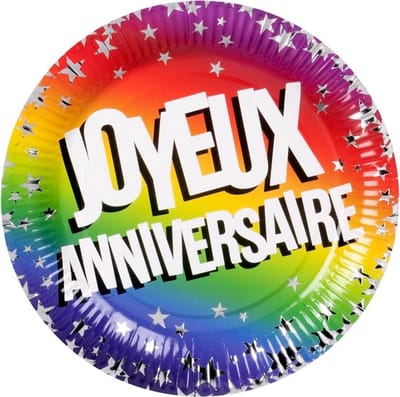 Boland - Set 6 Papieren bordjes 'Joyeux Anniversaire' (23 cm) Multi - Regenboog