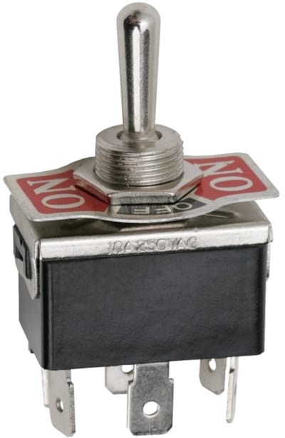5x Tuimelschakelaar Metaal DPDT ON-OFF-ON - 2 Circuit 3 Standen Toggle Switch 250VAC 10A (15A) - Inbouw Schakelaar Met Metalen Frontplaat - 6 Soldeeraansluitingen - M12x0,75 Schroefdraad - Verkoopeenheid 5 Stuks [09051]