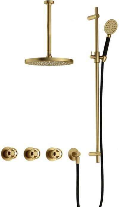 Hotbath Cobber - CW7067 - Inbouw Regendoucheset - Geborsteld Messing PVD - 2 Stopkranen - Thermostatisch - Plafondbuis 30 cm - Hoofddouche 300 mm - Ronde Handdouche 3 Standen - Glijstang 900 mm - met M106 - Waterbesparend