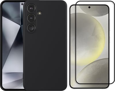 Casemania Hoesje + Full Glas Geschikt voor Samsung Galaxy S25 - Zwart - Siliconen Back Cover + Tempered Glazen Screenprotector
