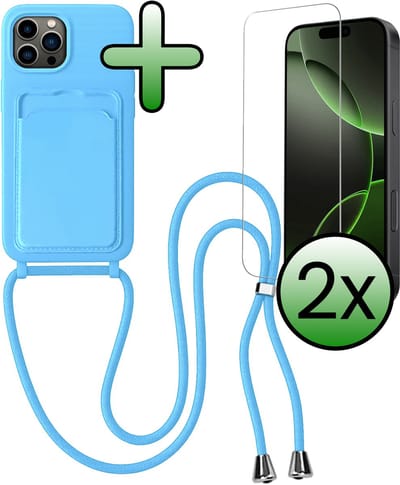 Hoes Geschikt voor iPhone 16 Pro Hoesje Pas Houder Case Hoes Met Koord Met 2x Screenprotector - Hoesje Geschikt voor iPhone 16 Pro Hoes Met Telefoonkoord Pasjeshouder Cover - Lichtblauw
