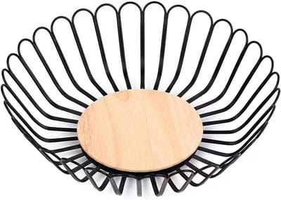 Famanu – Draad fruitschaal met houten basis – ronde fruit- en groentehouder (zwart)