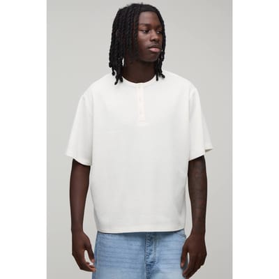 Relaxed Fit Waffle Henley T-Shirt | Ecru | Size Small