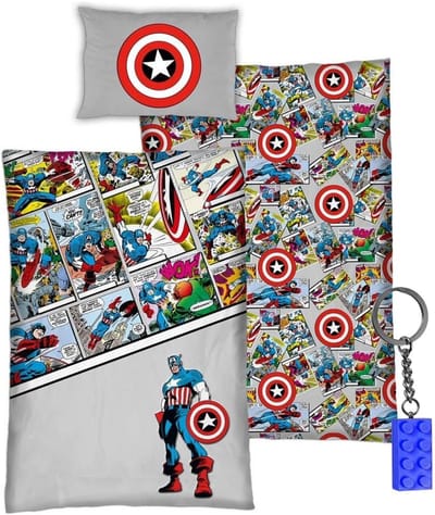 Marvel Avengers Dekbedovertrek - Comics - 140 x 200 + 65 x 65 cm - Biologisch Katoen - met blauwe sleutelhanger