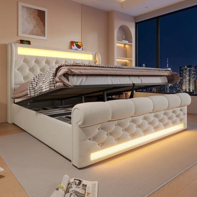 Wishdor Luxe Tweepersoonsbed 160x200 cm - Chesterfield Slee Design met LED & USB - Hydraulische Opbergruimte - Fluweel Beige